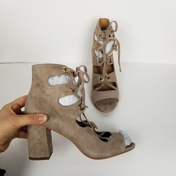 Coach Priscilla Tan Lux Suede Lace Up Sandal Heels - Picture 4 of 9